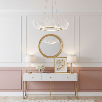 Round Pendant Light with Acrylic Leaf Diffuser 27 in Gold Adjustable Height LED for Kitchen Dining Room Office Bedroom Modern Flush Mount Fi