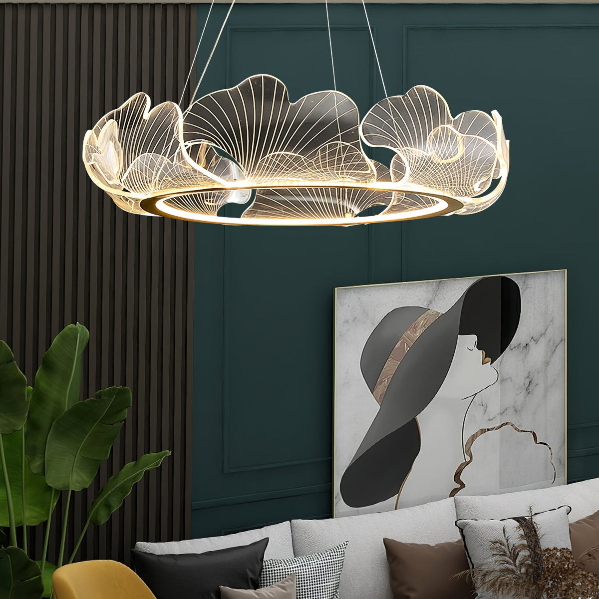 Round Pendant Light with Acrylic Leaf Diffuser 27 in Gold Adjustable Height LED for Kitchen Dining Room Office Bedroom Modern Flush Mount Fi