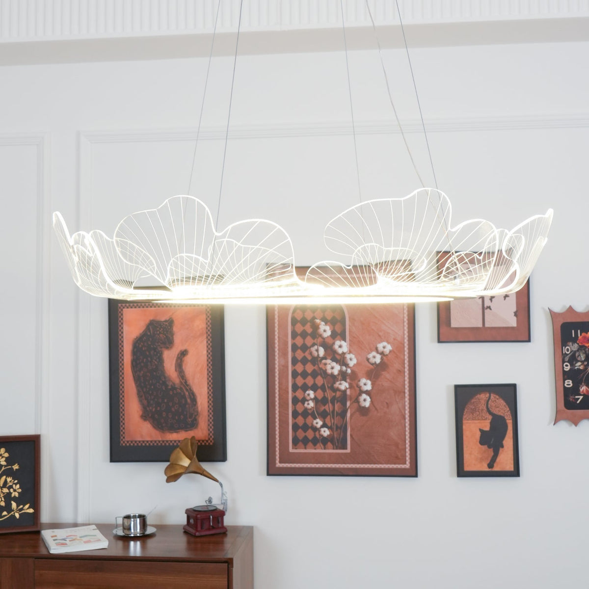 Round Pendant Light with Acrylic Leaf Diffuser 27 in Gold Adjustable Height LED for Kitchen Dining Room Office Bedroom Modern Flush Mount Fi