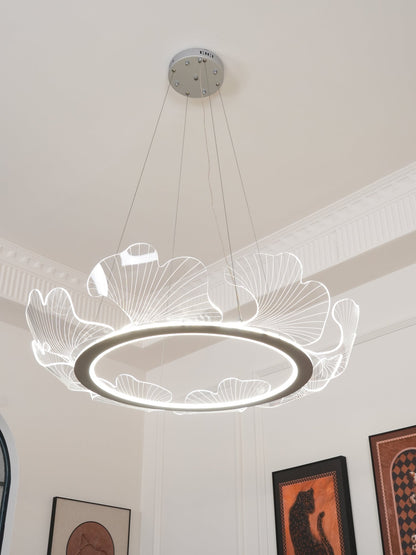 Round Pendant Light with Acrylic Leaf Diffuser 27 in Gold Adjustable Height LED for Kitchen Dining Room Office Bedroom Modern Flush Mount Fi