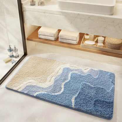 Microfiber Bathroom Rug with Non-Slip Backing – Quick-Dry Floor Mat for Shower, Tub & Sink – Soft Absorbent Surface in Blue & Beige