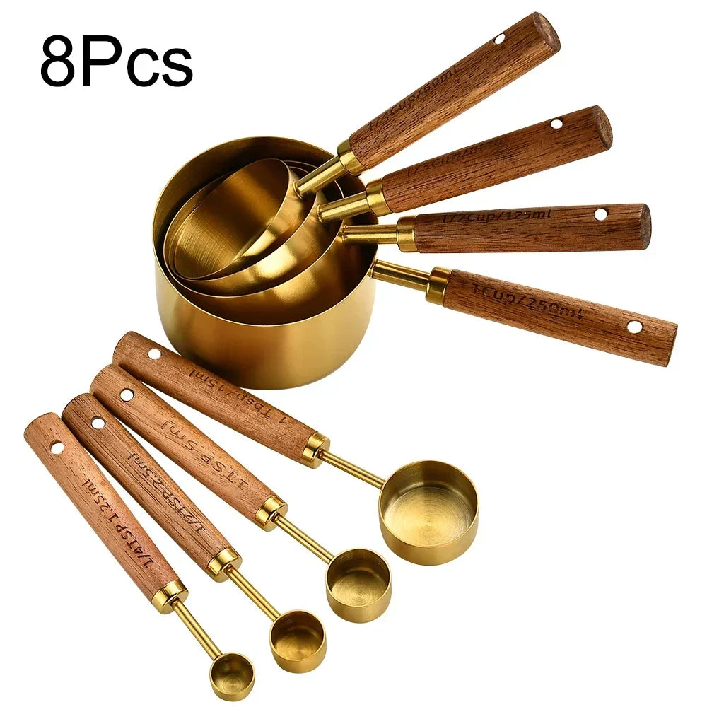 8-Piece Nesting Kitchen Measuring Spoons with Wood Handles Stainless Steel Cooking Baking Tools Set