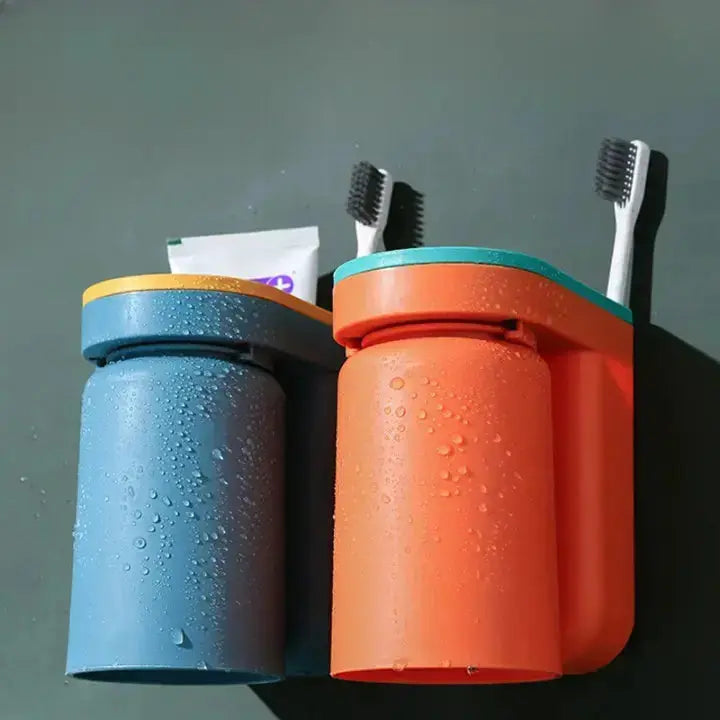 Stick-On Bathroom Caddy ABS Plastic 5 in Tall Cup & Paste Organizer Drip-Dry System 2-Pack for Vanity Countertop Clutter-Free Family Bath
