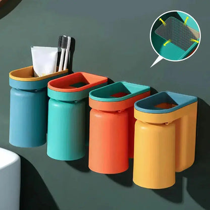 Stick-On Bathroom Caddy ABS Plastic 5 in Tall Cup & Paste Organizer Drip-Dry System 2-Pack for Vanity Countertop Clutter-Free Family Bath