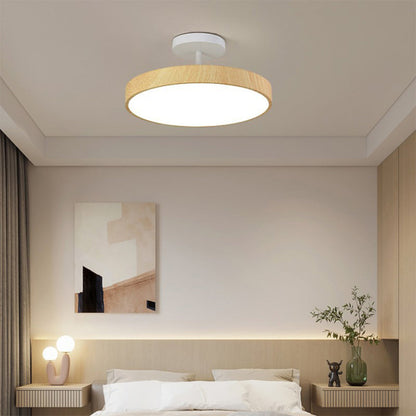Round LED Flush Mount Ceiling Light with Faux Wood Finish – Iron Frame, Integrated Panel, 220-240V – For Bedroom, Living Room, Dining Room