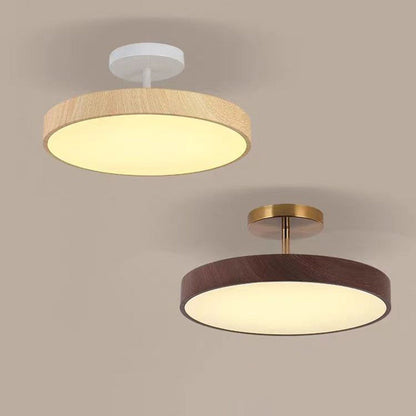 Round LED Flush Mount Ceiling Light with Faux Wood Finish – Iron Frame, Integrated Panel, 220-240V – For Bedroom, Living Room, Dining Room