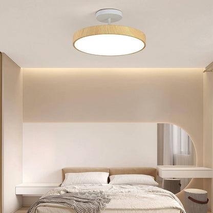 Round LED Flush Mount Ceiling Light with Faux Wood Finish – Iron Frame, Integrated Panel, 220-240V – For Bedroom, Living Room, Dining Room