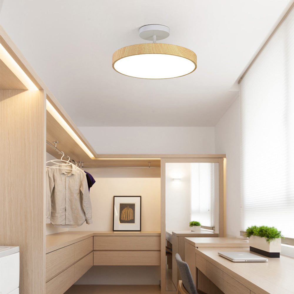 Round LED Flush Mount Ceiling Light with Faux Wood Finish – Iron Frame, Integrated Panel, 220-240V – For Bedroom, Living Room, Dining Room
