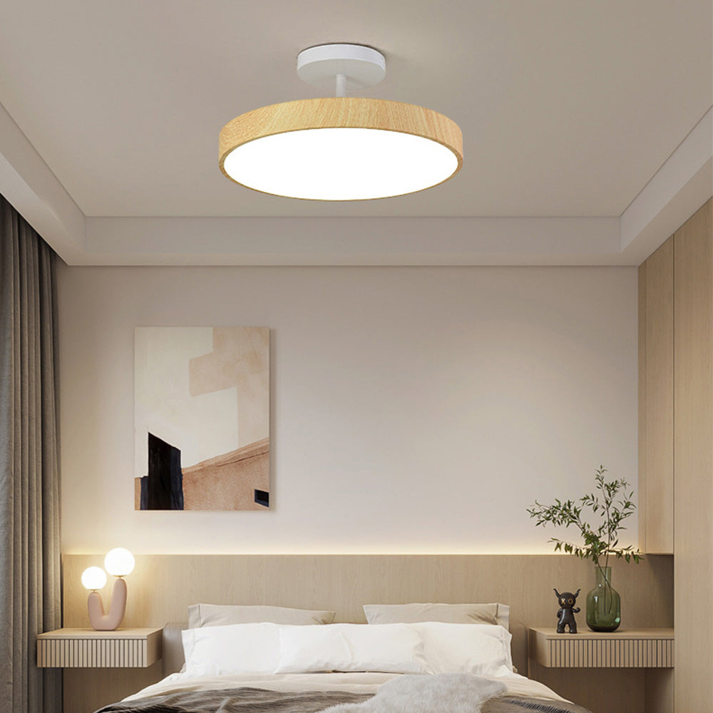 Round LED Flush Mount Ceiling Light with Faux Wood Finish – Iron Frame, Integrated Panel, 220-240V – For Bedroom, Living Room, Dining Room