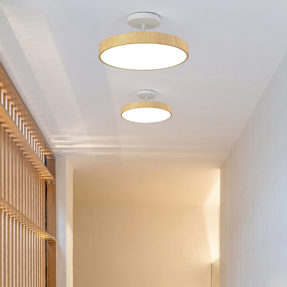Round LED Flush Mount Ceiling Light with Faux Wood Finish – Iron Frame, Integrated Panel, 220-240V – For Bedroom, Living Room, Dining Room