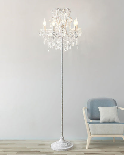 Crystal Accent Floor Lamp with Iron Frame | Vintage White & Gold Standing Light for Bedroom Living Room | Dimmable E14 Compact 21-Inch Heigh