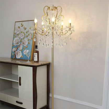 Crystal Accent Floor Lamp with Iron Frame | Vintage White & Gold Standing Light for Bedroom Living Room | Dimmable E14 Compact 21-Inch Heigh