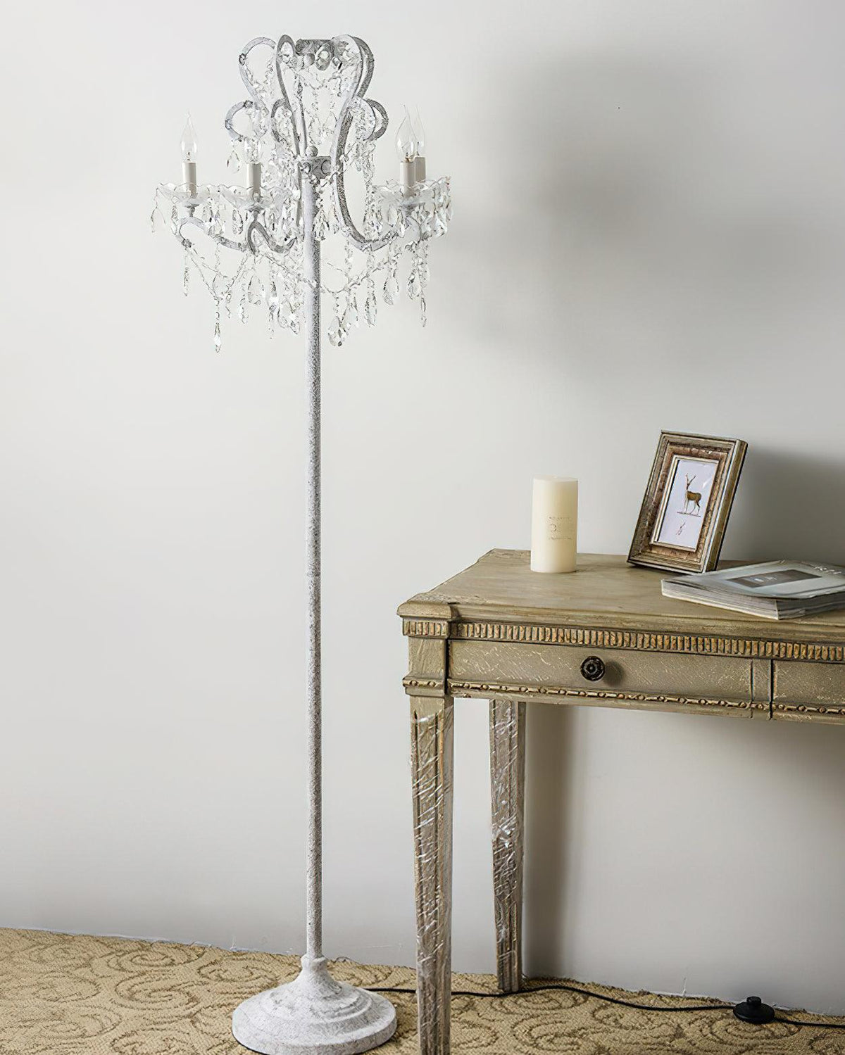 Crystal Accent Floor Lamp with Iron Frame | Vintage White & Gold Standing Light for Bedroom Living Room | Dimmable E14 Compact 21-Inch Heigh
