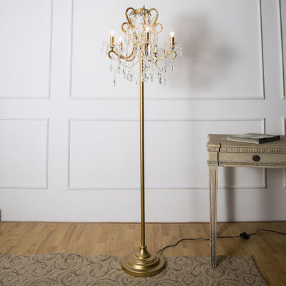 Crystal Accent Floor Lamp with Iron Frame | Vintage White & Gold Standing Light for Bedroom Living Room | Dimmable E14 Compact 21-Inch Heigh