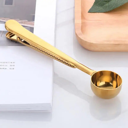 Stainless Steel Measuring Scoop with Bag Sealing Clip for Coffee Beans Tea Leaves Kitchen Storage Organization Silver Gold Black Rose Gold