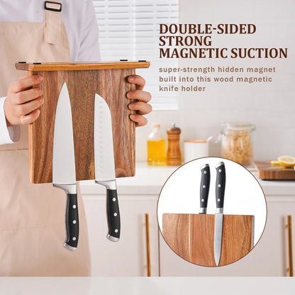 Acacia Wood Knife Organizer with Built-In Magnets for Kitchen Counter Vertical Blade Storage Stand Natural Hardwood Finish No-Drill Setup Sp