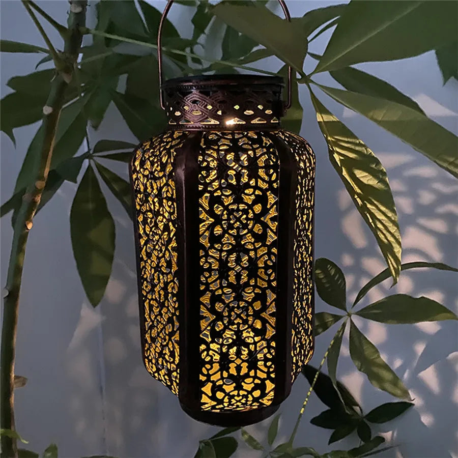 Geometric Metal Outdoor Solar Lantern with Auto Dusk Sensor for Patio Garden Yard Decor Hanging LED Light