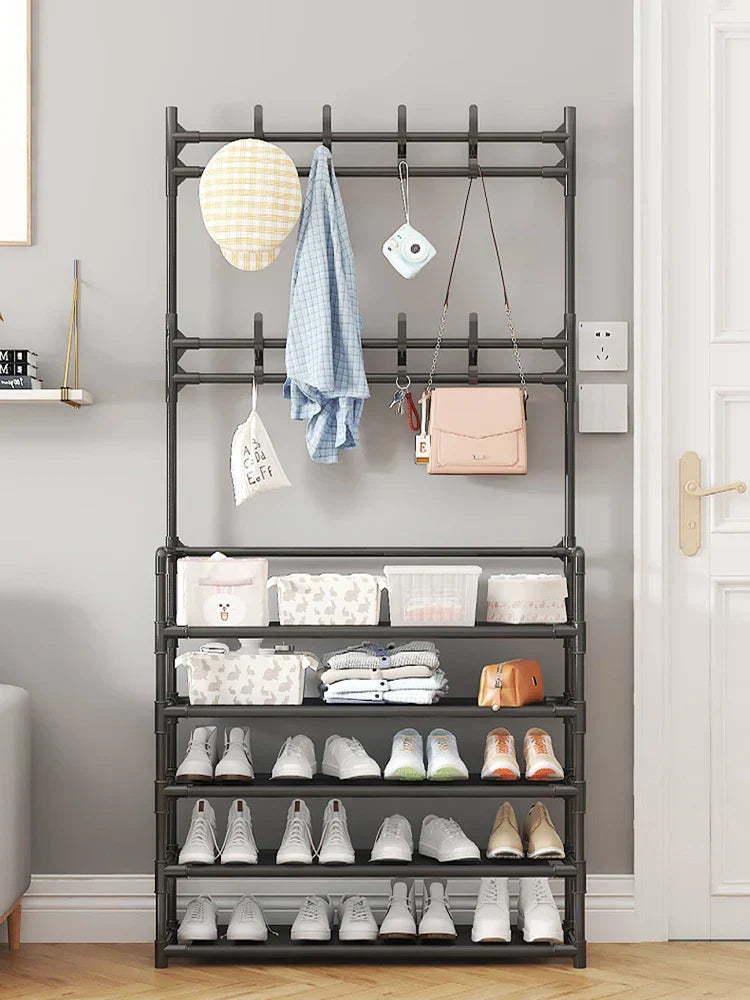 Vertical Entryway Organizer 67 in Tall Steel Frame Hallway Stand Five-Tier Footwear Storage Multi-Level Design for Apartments Coats Bags Acc