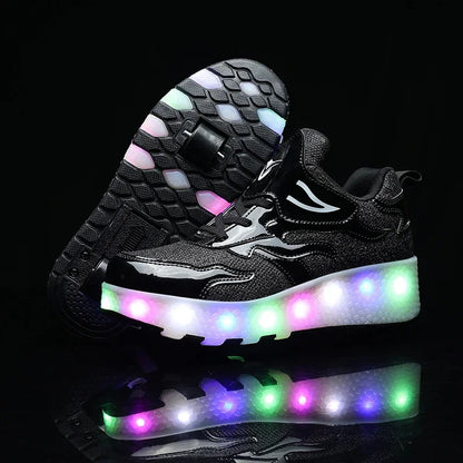 Kids Light-Up Skate Sneakers with Wheels Pink LED Roller Shoes Velcro Strap Boys Girls Youth Rechargeable Glowing Athletic Footwear