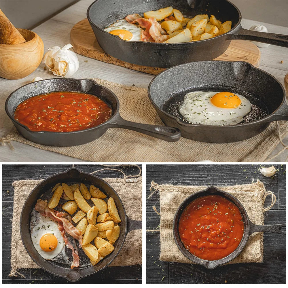 Three-Piece Skillet Set Uncoated Iron 6.3-Inch 7.9-Inch 10.2-Inch Black Multi-Cooktop Compatible Heat-Retaining Pan Collection