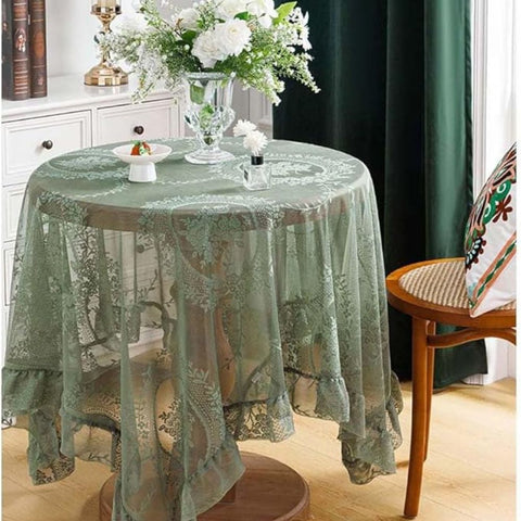 Mantel redondo Serena - Encaje floral transparente, lavable a máquina
