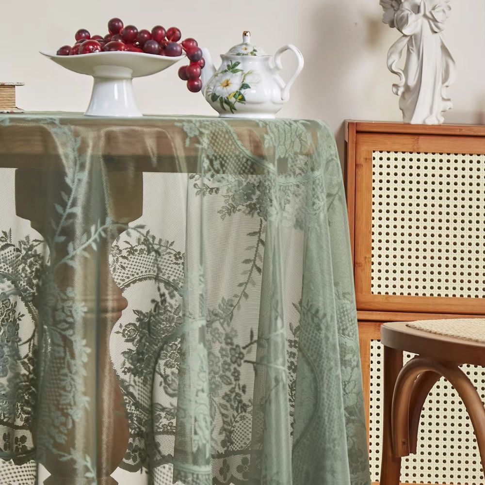 Mantel redondo Serena - Encaje floral transparente, lavable a máquina