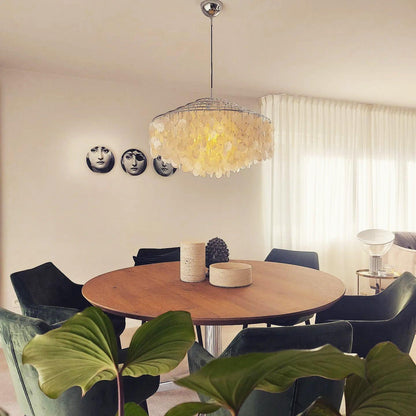 Cascading Shell Pendant Light Fixture Chrome Finish 28 Inches Adjustable Hanging Ceiling Lamp for Dining Room Kitchen Island Open Living Spa