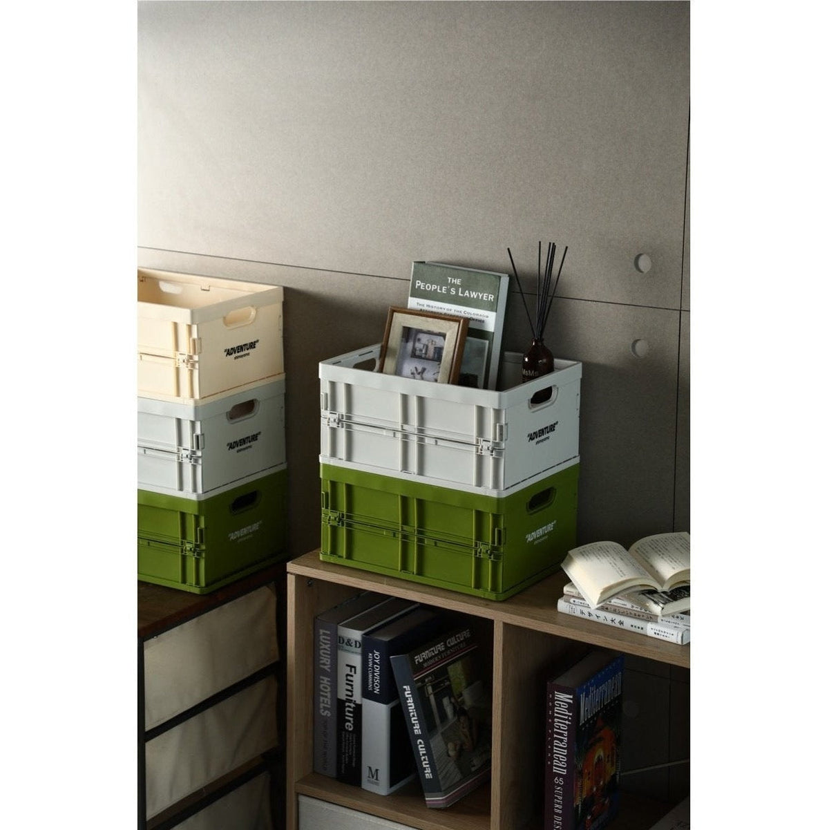 Collapsible Plastic Bin 14 x 10 x 7 Inches Gray Office File Holder Letter-Size Lightweight Desk Organizer Nestable Container for Home Worksp