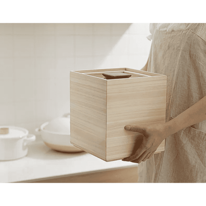 Wooden Grain Storage Canister with Clear Lid 11 lb Capacity Pantry Organizer Measuring Scoop Airtight Magnetic Seal for Countertop Cabinet A