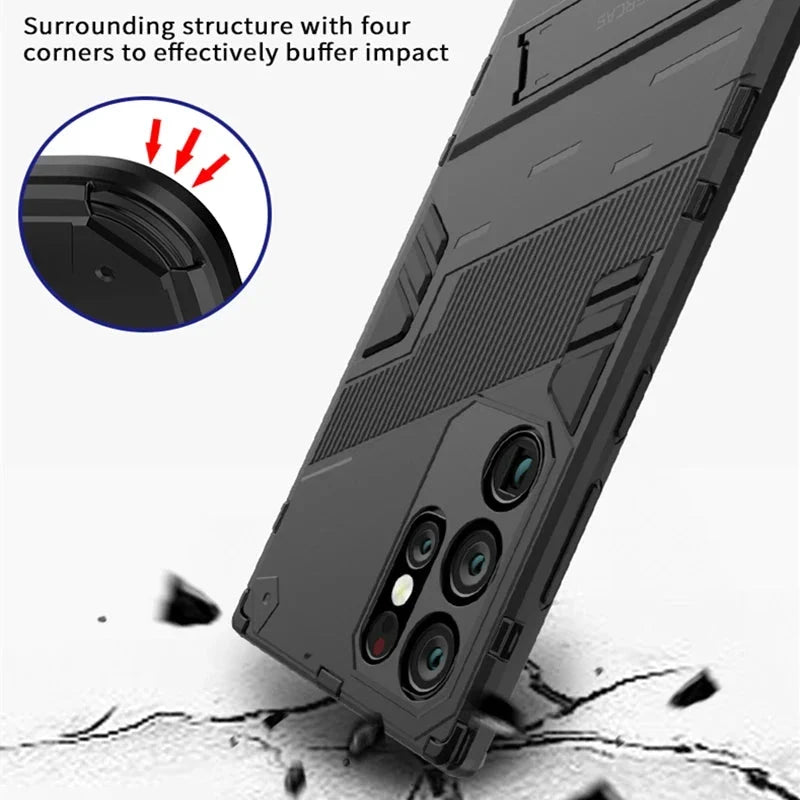 Rugged Protective Phone Case with Built-In Stand for Samsung Galaxy S21-S26 Series – Heavy-Duty Drop Defense, Camera Guard, Anti-Fingerprint