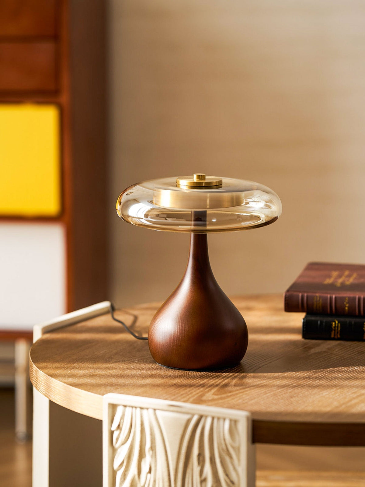 LED Desk Lamp with Amber Glass Shade & Natural Wood Base for Home Office, Bedroom & Nightstand | Adjustable Color Temperature 3000K-6000K