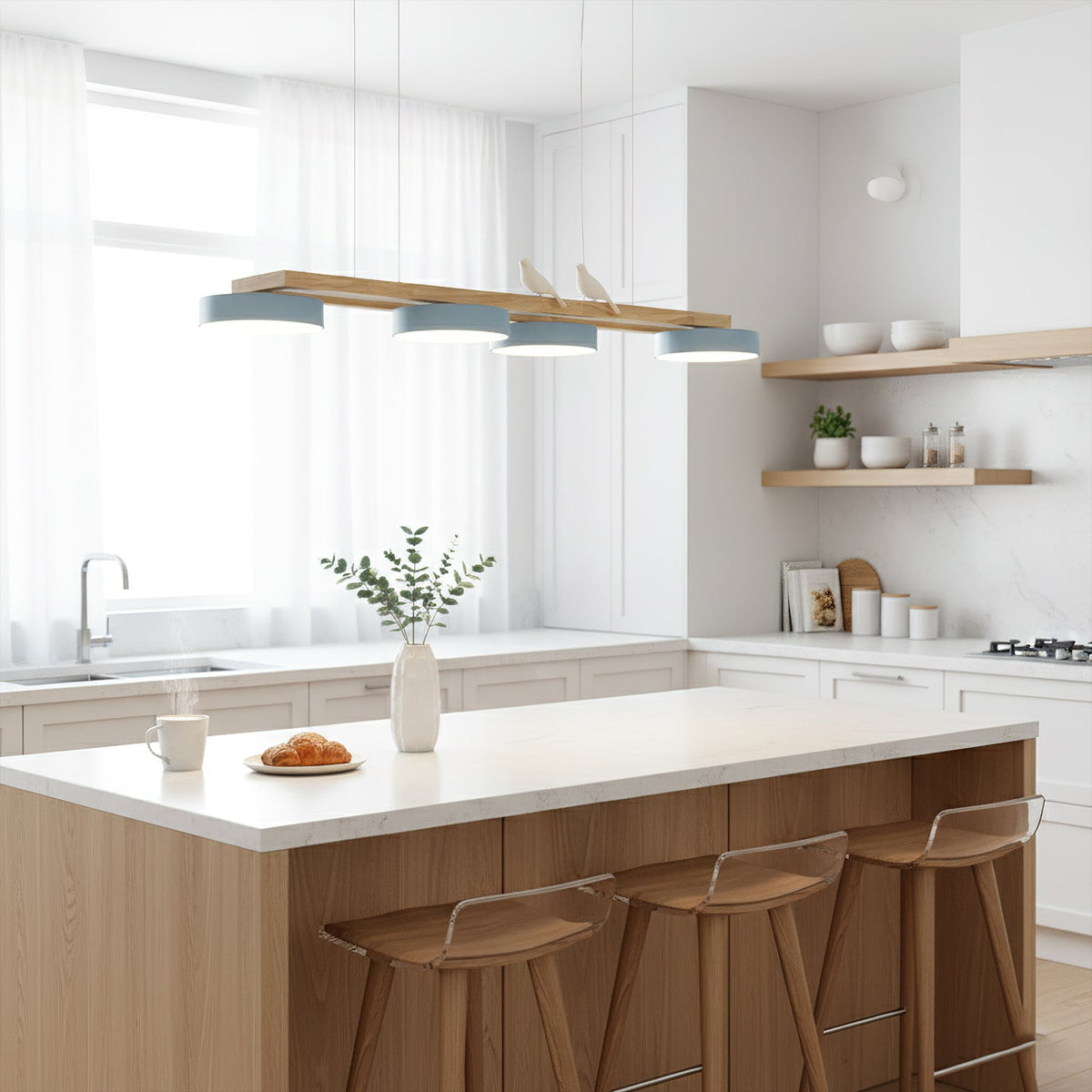 Linear LED Fixture with Bird Accents for Kitchen Island Dining Room 40 in Wooden Hanging Light 1400 Lumens Adjustable Modern Farmhouse Overh