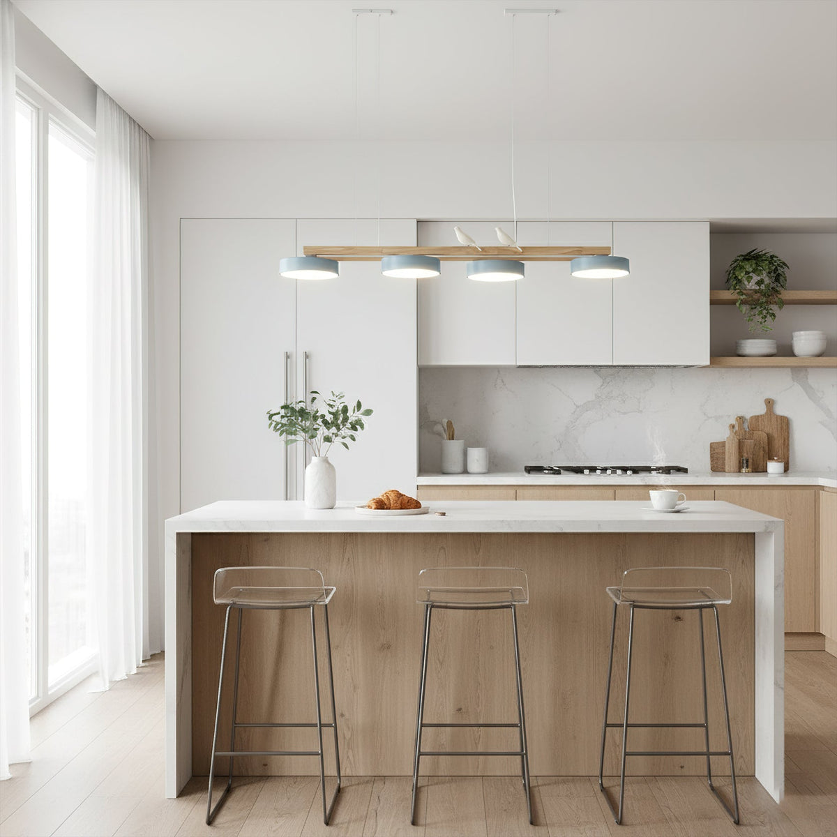 Linear LED Fixture with Bird Accents for Kitchen Island Dining Room 40 in Wooden Hanging Light 1400 Lumens Adjustable Modern Farmhouse Overh