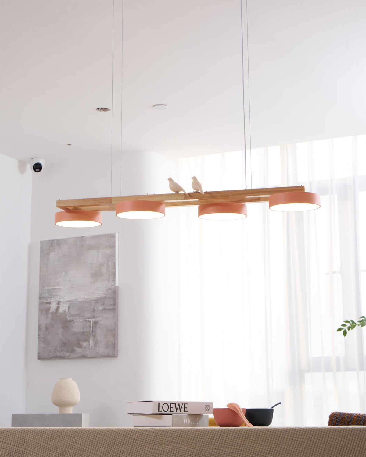 Linear LED Fixture with Bird Accents for Kitchen Island Dining Room 40 in Wooden Hanging Light 1400 Lumens Adjustable Modern Farmhouse Overh