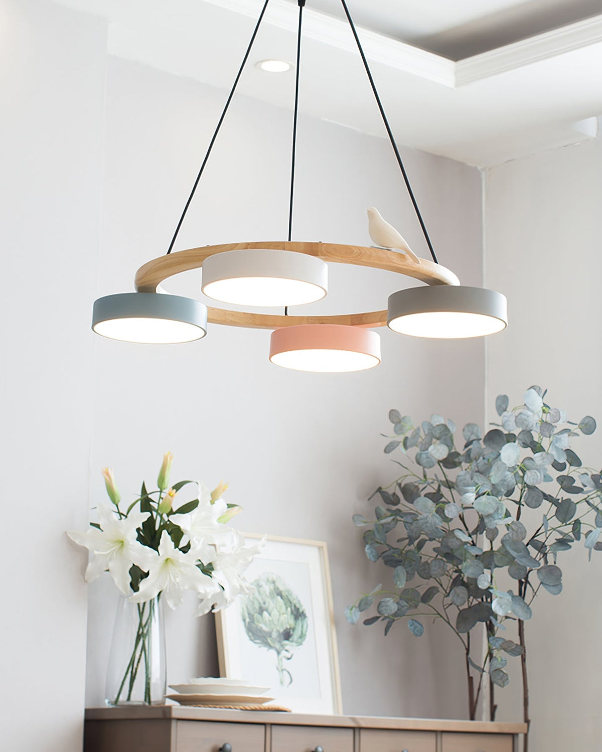 Round Wooden Ceiling Light with Bird Accents 26 Inch 4-Bulb LED Fixture Adjustable Height for Dining Room Kitchen Living Room Hallway Entryw