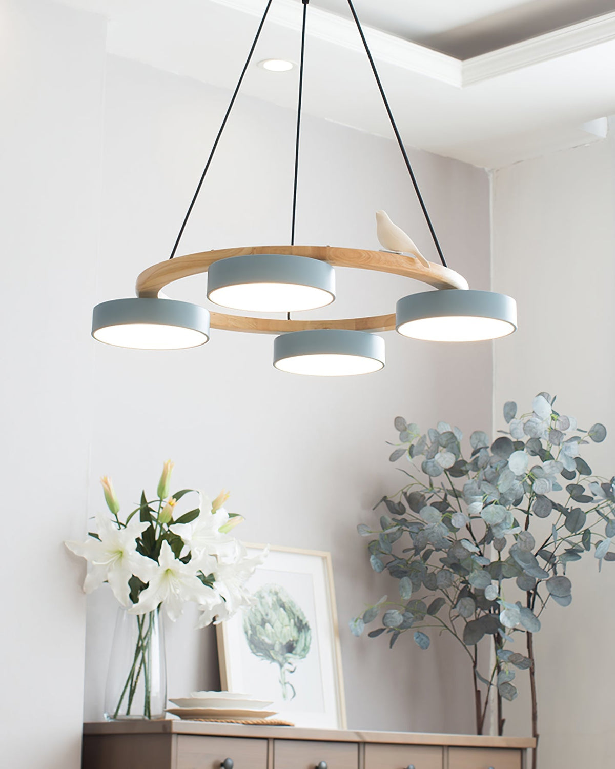 Round Wooden Ceiling Light with Bird Accents 26 Inch 4-Bulb LED Fixture Adjustable Height for Dining Room Kitchen Living Room Hallway Entryw
