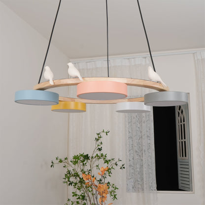 Round Wooden Ceiling Light with Bird Accents 26 Inch 4-Bulb LED Fixture Adjustable Height for Dining Room Kitchen Living Room Hallway Entryw