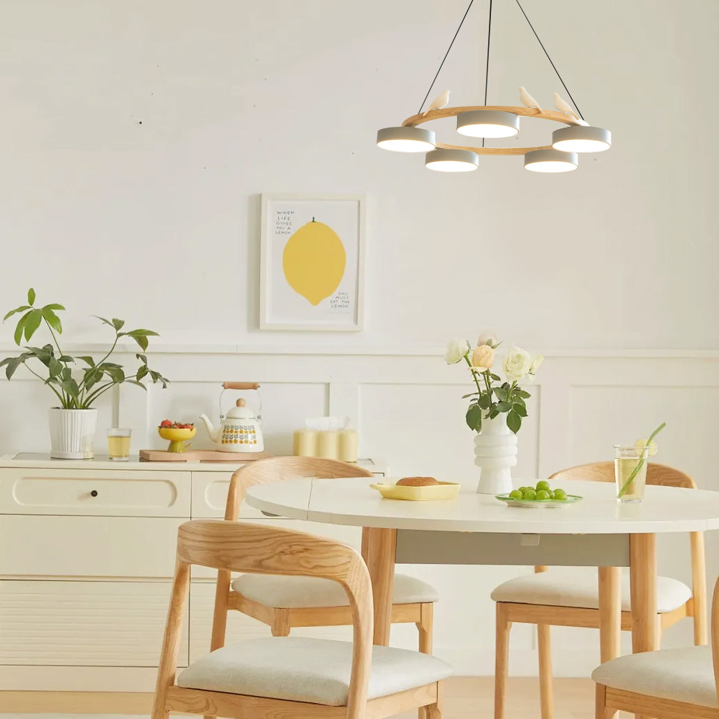 Round Wooden Ceiling Light with Bird Accents 26 Inch 4-Bulb LED Fixture Adjustable Height for Dining Room Kitchen Living Room Hallway Entryw
