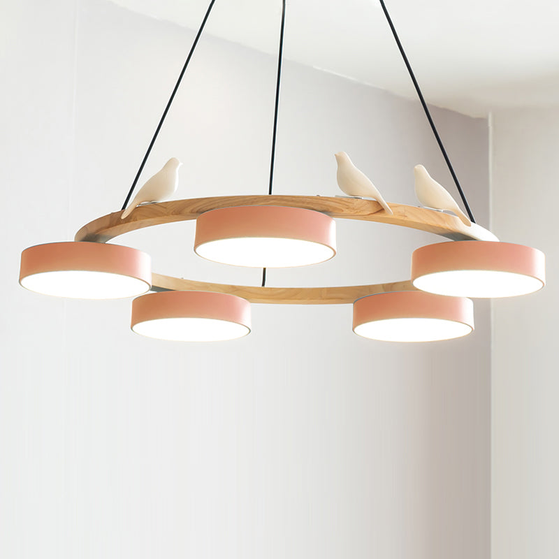 Round Wooden Ceiling Light with Bird Accents 26 Inch 4-Bulb LED Fixture Adjustable Height for Dining Room Kitchen Living Room Hallway Entryw