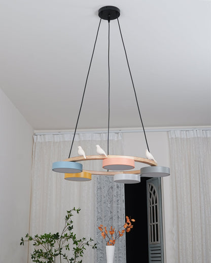 Round Wooden Ceiling Light with Bird Accents 26 Inch 4-Bulb LED Fixture Adjustable Height for Dining Room Kitchen Living Room Hallway Entryw