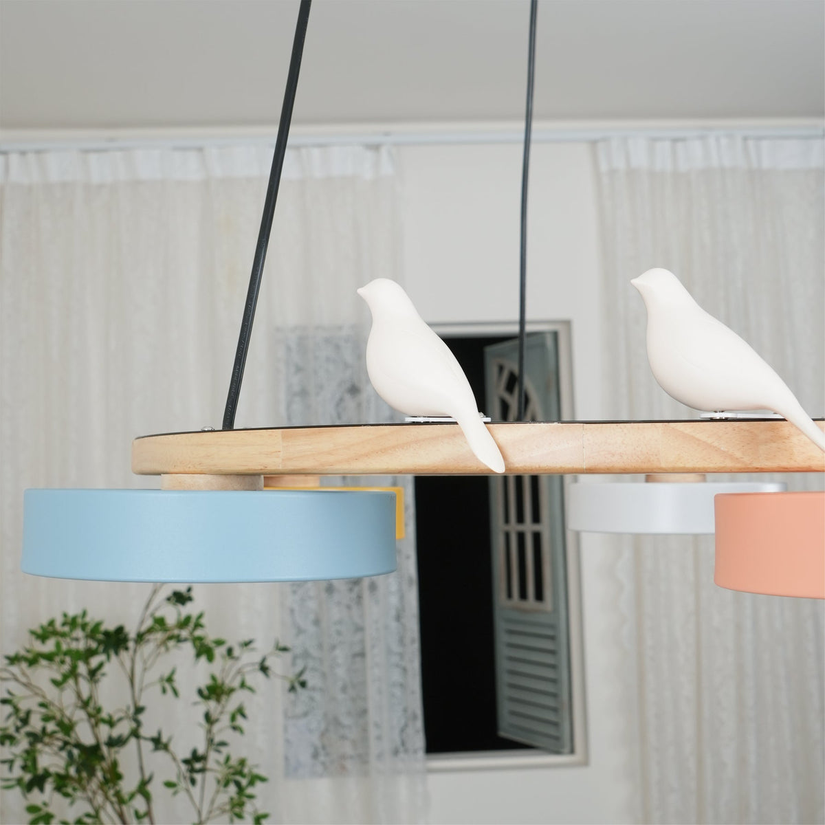Round Wooden Ceiling Light with Bird Accents 26 Inch 4-Bulb LED Fixture Adjustable Height for Dining Room Kitchen Living Room Hallway Entryw