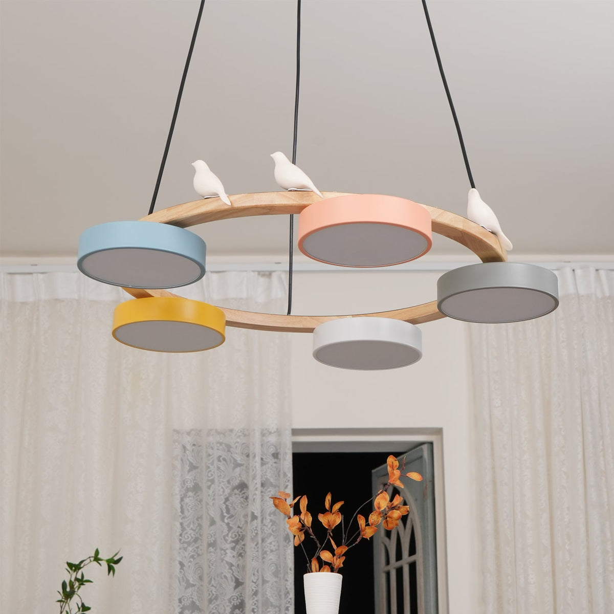 Round Wooden Ceiling Light with Bird Accents 26 Inch 4-Bulb LED Fixture Adjustable Height for Dining Room Kitchen Living Room Hallway Entryw