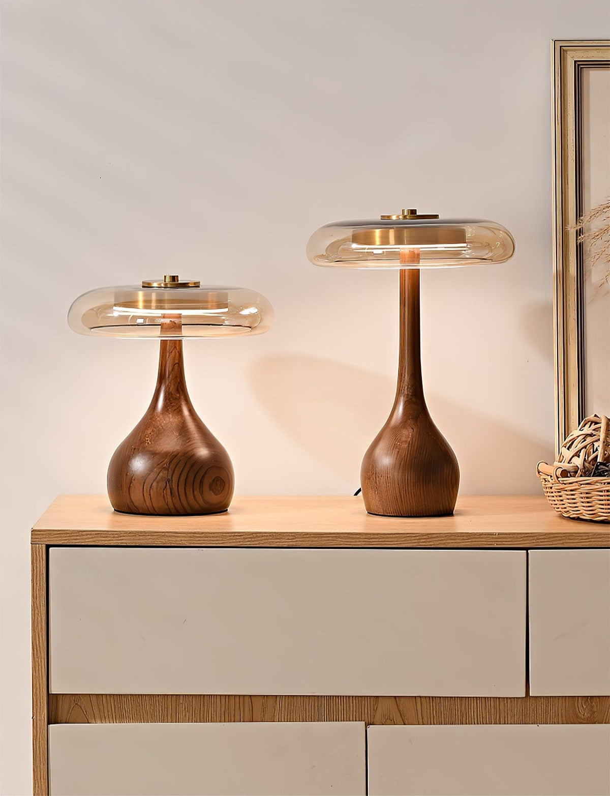 LED Desk Lamp with Amber Glass Shade & Natural Wood Base for Home Office, Bedroom & Nightstand | Adjustable Color Temperature 3000K-6000K