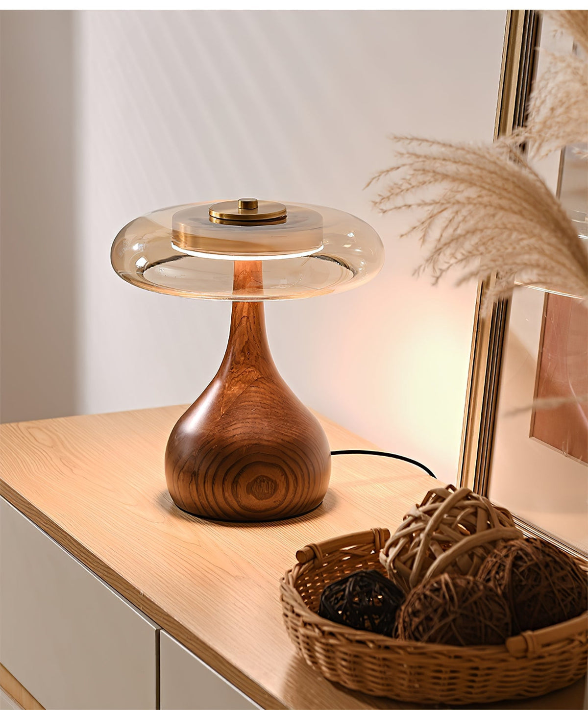 LED Desk Lamp with Amber Glass Shade & Natural Wood Base for Home Office, Bedroom & Nightstand | Adjustable Color Temperature 3000K-6000K
