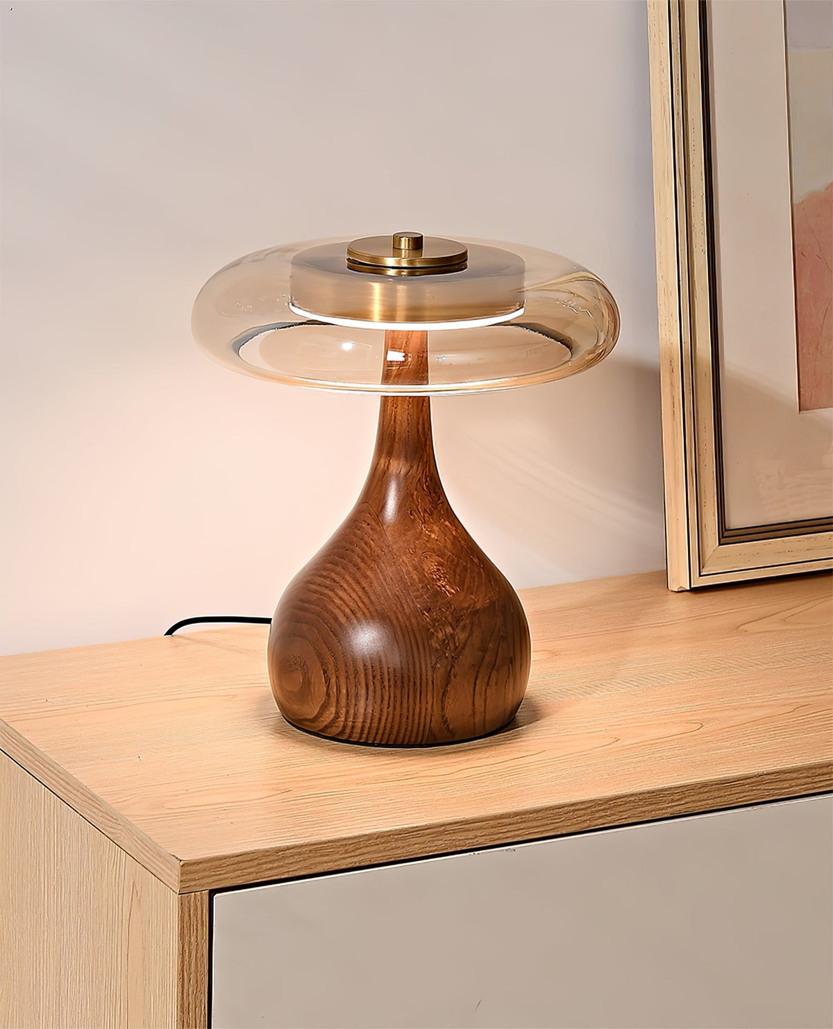 LED Desk Lamp with Amber Glass Shade & Natural Wood Base for Home Office, Bedroom & Nightstand | Adjustable Color Temperature 3000K-6000K