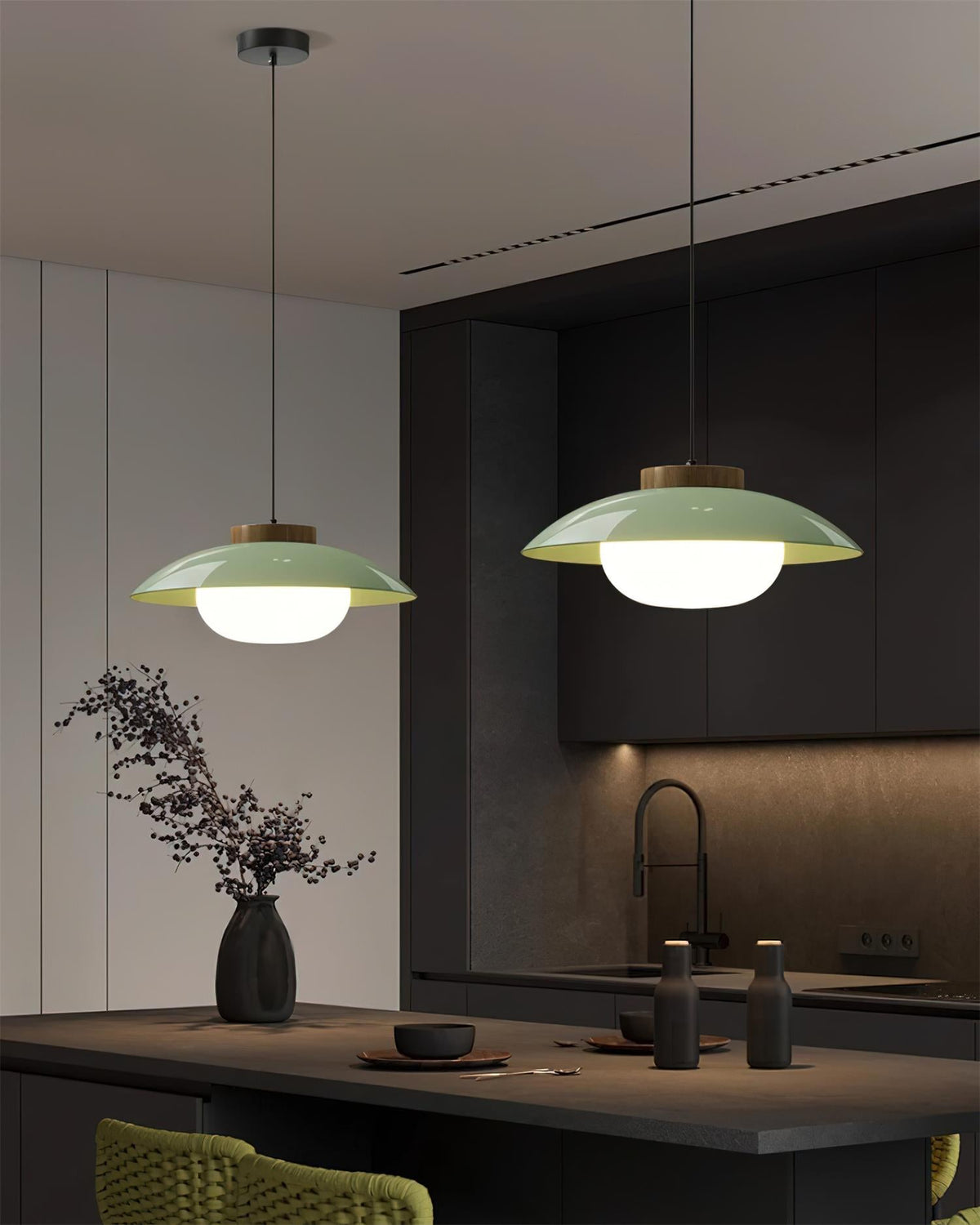 Saucer Shade Ceiling Pendant with Wood Rim for Kitchens & Dining Areas | Modern 11-Inch Hanging Fixture with Built-In LED, Warm 3000K Glow