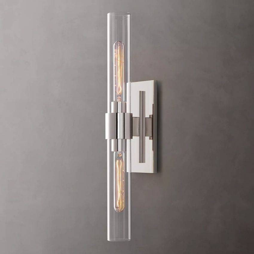 Industrial Glass Cylinder Wall Sconce with Metal Band, Dimmable LED Candle-Style Bulb, Brass & Glass 12-23 in Heights