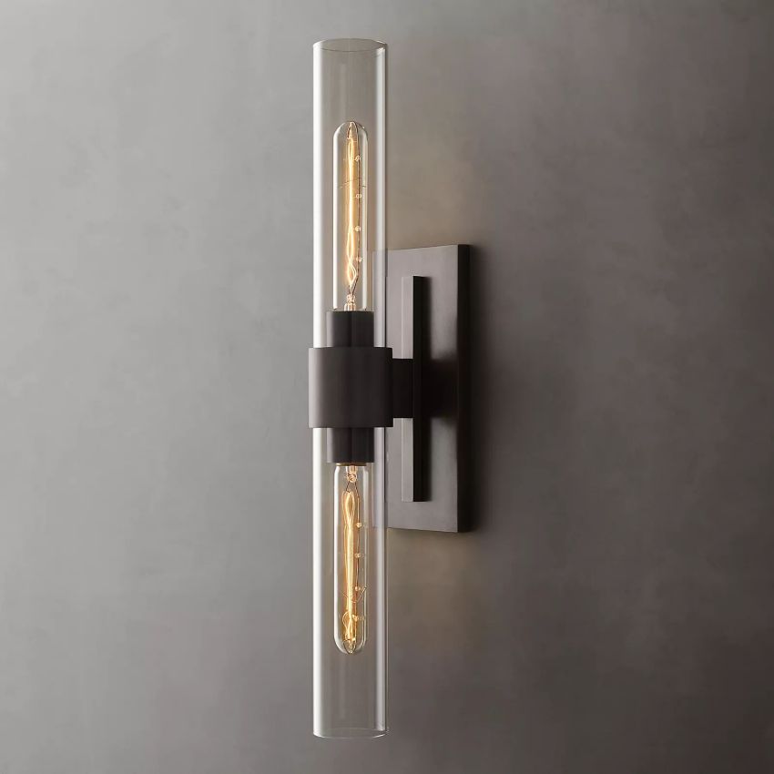 Industrial Glass Cylinder Wall Sconce with Metal Band, Dimmable LED Candle-Style Bulb, Brass & Glass 12-23 in Heights
