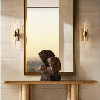 Industrial Glass Cylinder Wall Sconce with Metal Band, Dimmable LED Candle-Style Bulb, Brass & Glass 12-23 in Heights