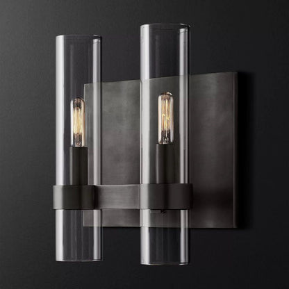 Industrial Glass Cylinder Wall Sconce with Metal Band, Dimmable LED Candle-Style Bulb, Brass & Glass 12-23 in Heights
